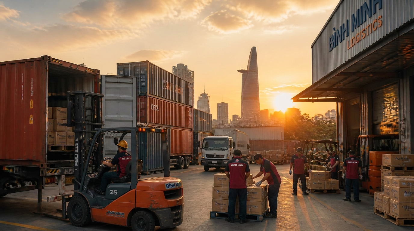 Đội bốc xếp hàng hóa tại kho bãi container ở TP.HCM